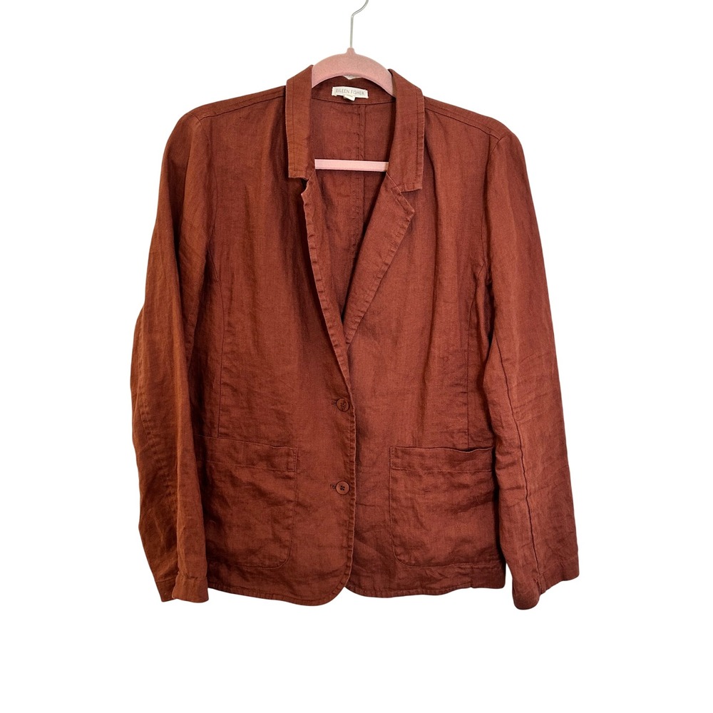 Eileen Fisher Organic Linen Blazer Size M Rust Brown 2-Button Pockets Casual